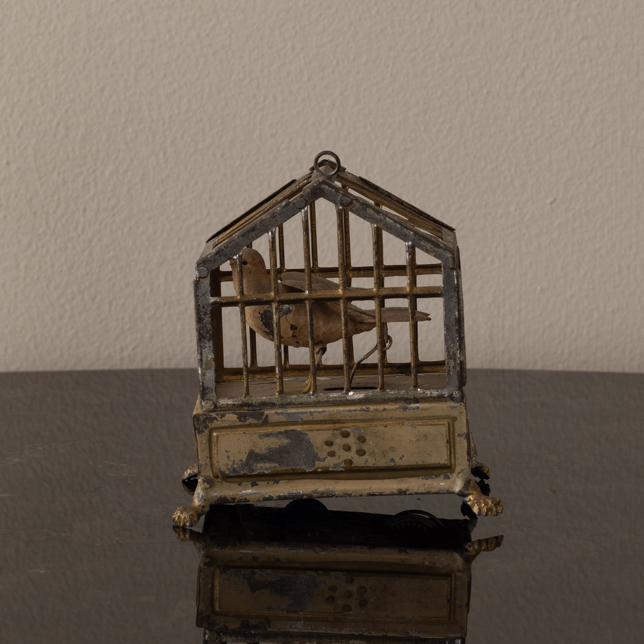 PAINTED TOLE AUTOMATON BIRD IN CAGE